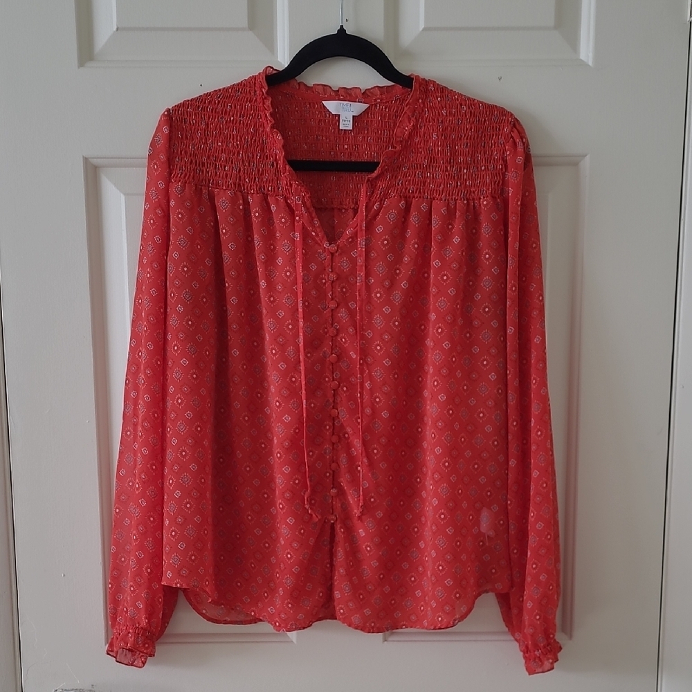 Time and Tru Orange Long Sleeve Relaxed Blouse with Mandarin Collar